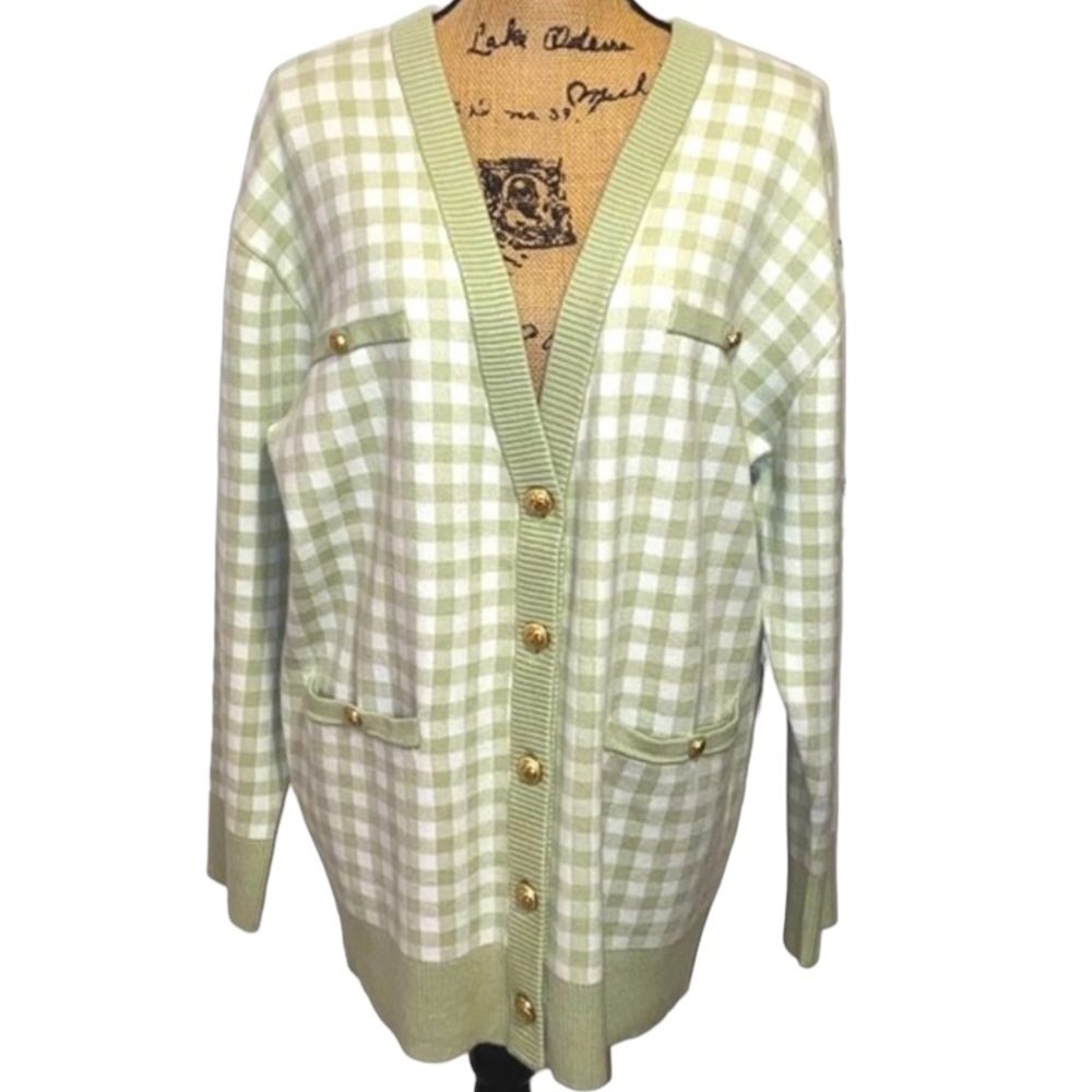 Joie Green & White Gingham Sweater Size L